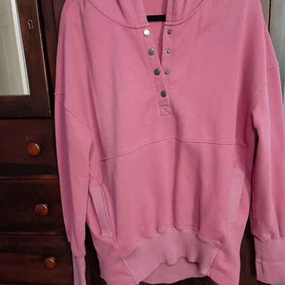 Pink Button Front Ribbed Trim Maternity Hooded Sweatshirt - Picture 4 of 11